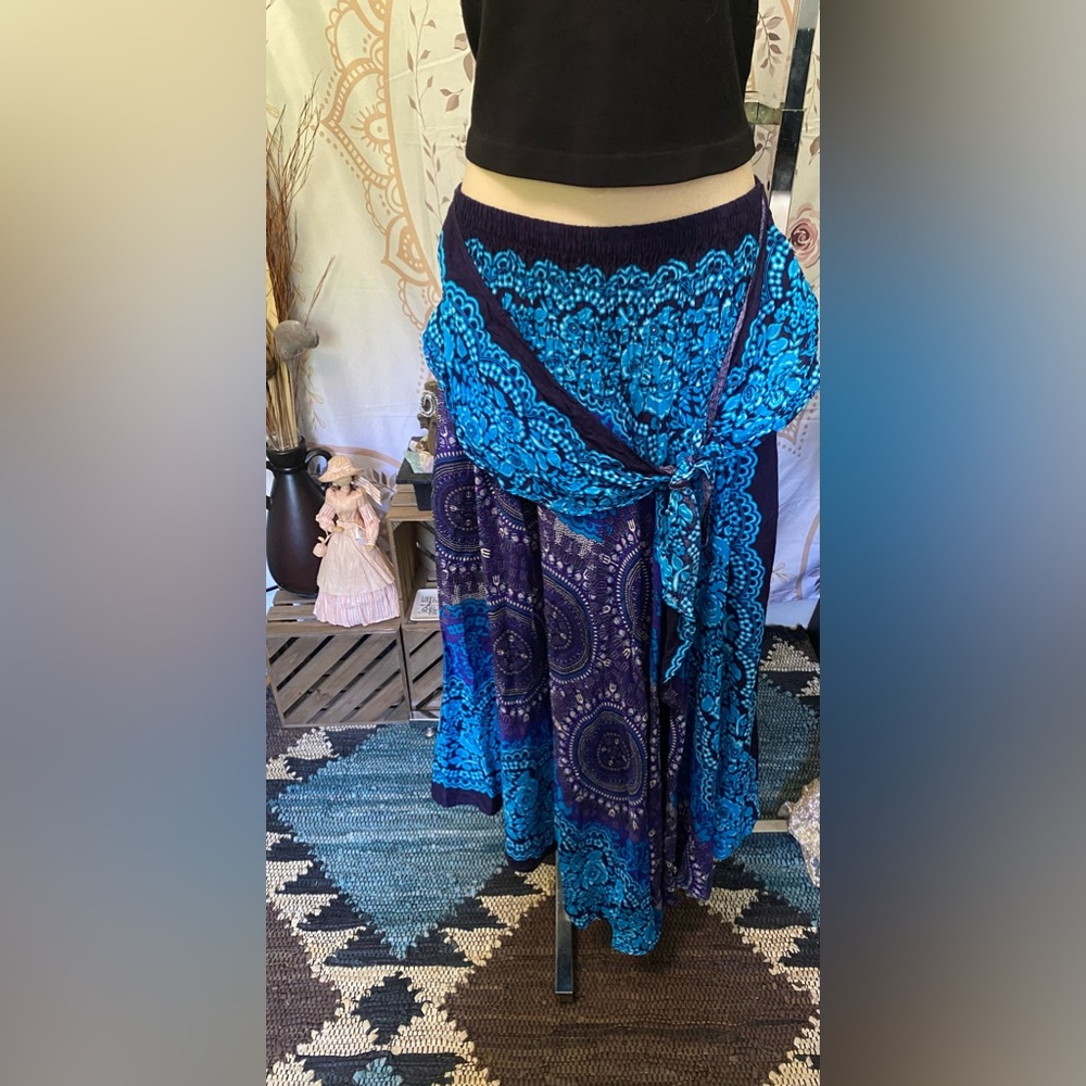 Like new Bangkok Pants Maxi Skirt Blue Junko Bow Tie Belt Asymmetric hem design